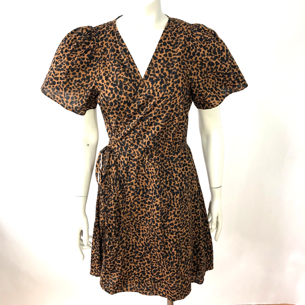 Madewell Medium Flutter Sleeve Wrap Above Knee Dress Leopard Print MA602